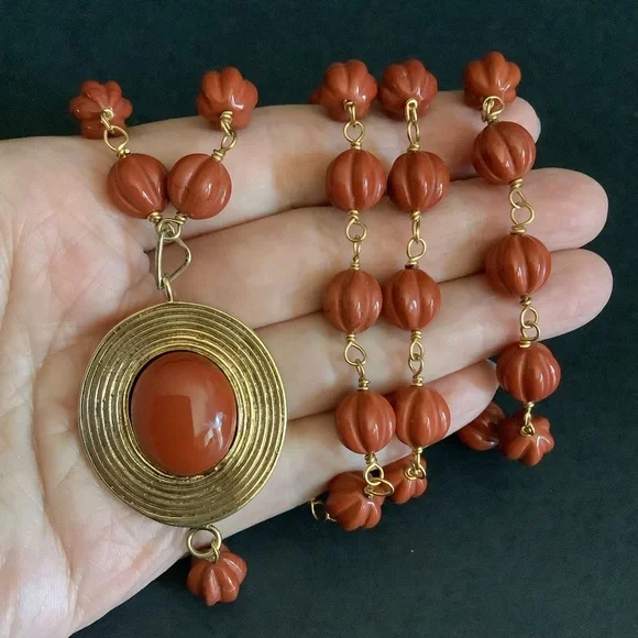 Vintage gold over sterling genuine carved jasper pendant necklace.